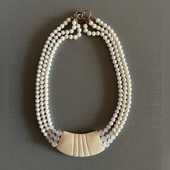 Jewelry - Vintage 50’s possibly antique, three-strand carved cream bead necklace 18”